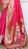 Bright Pink Triple Muniya Peacock Paithani Soft Silk Sarees