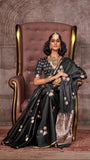 Black Pichwai Zari Weaving Satin Munga Banarasi Silk Saree