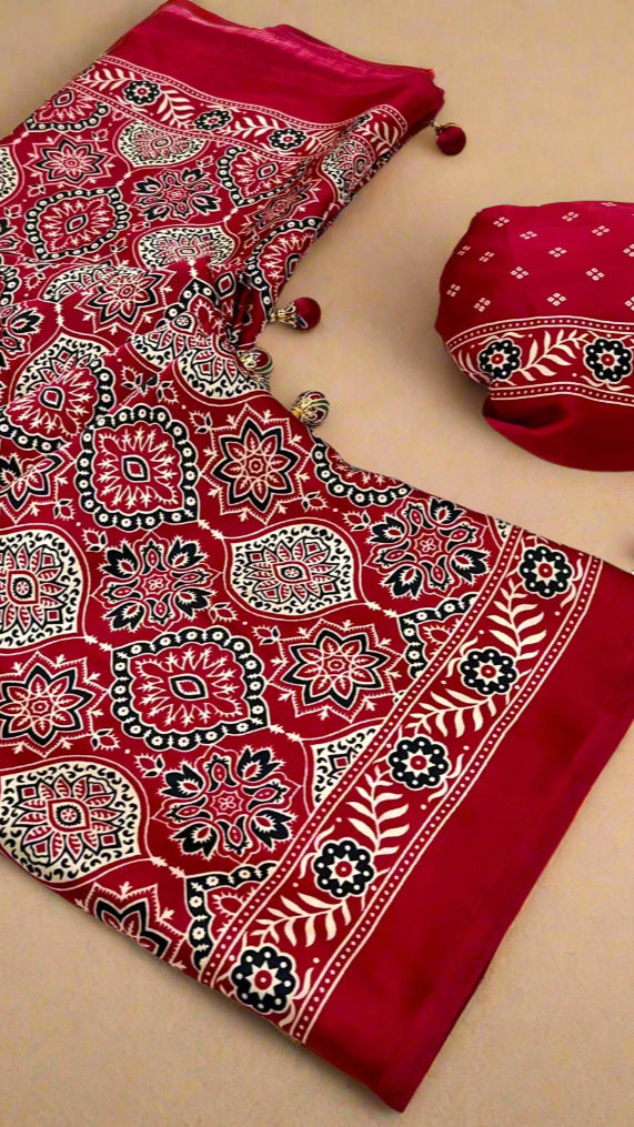 Red Floral Ajrakh Modal Satin Silk Saree