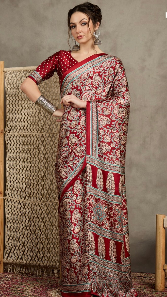 Red Floral Ajrakh Modal Satin Silk Saree ERA09