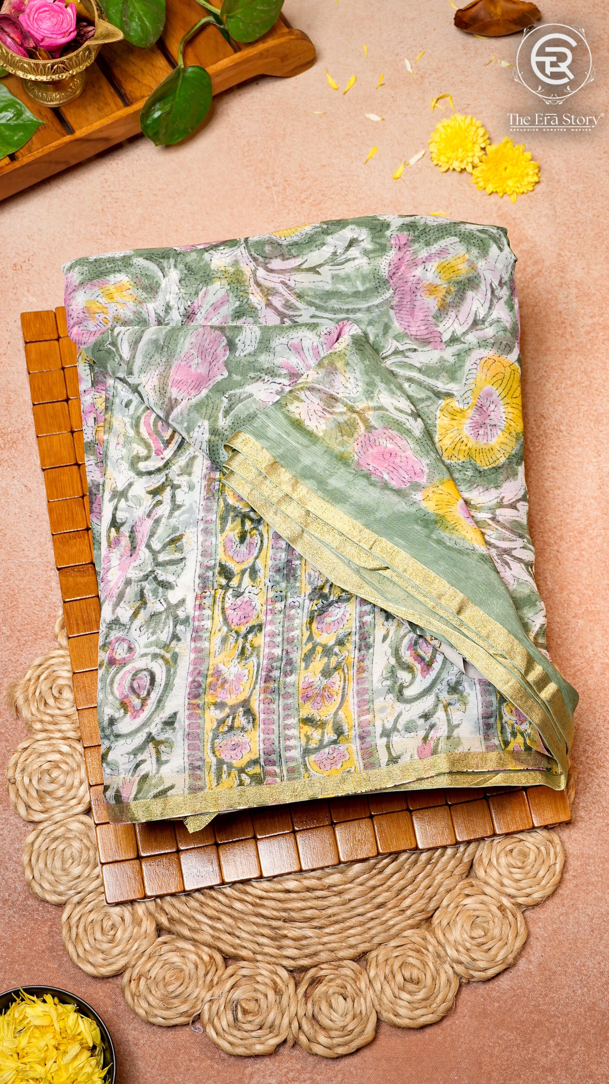 Sage Green and Yellow Floral Handblocked Pure Double Chiffon Sarees