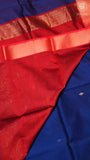 Navy Blue and Red Diamond Butta Handloom Pure Maheshwari Silk Saree