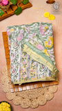 Sage Green and Yellow Floral Handblocked Pure Double Chiffon Sarees
