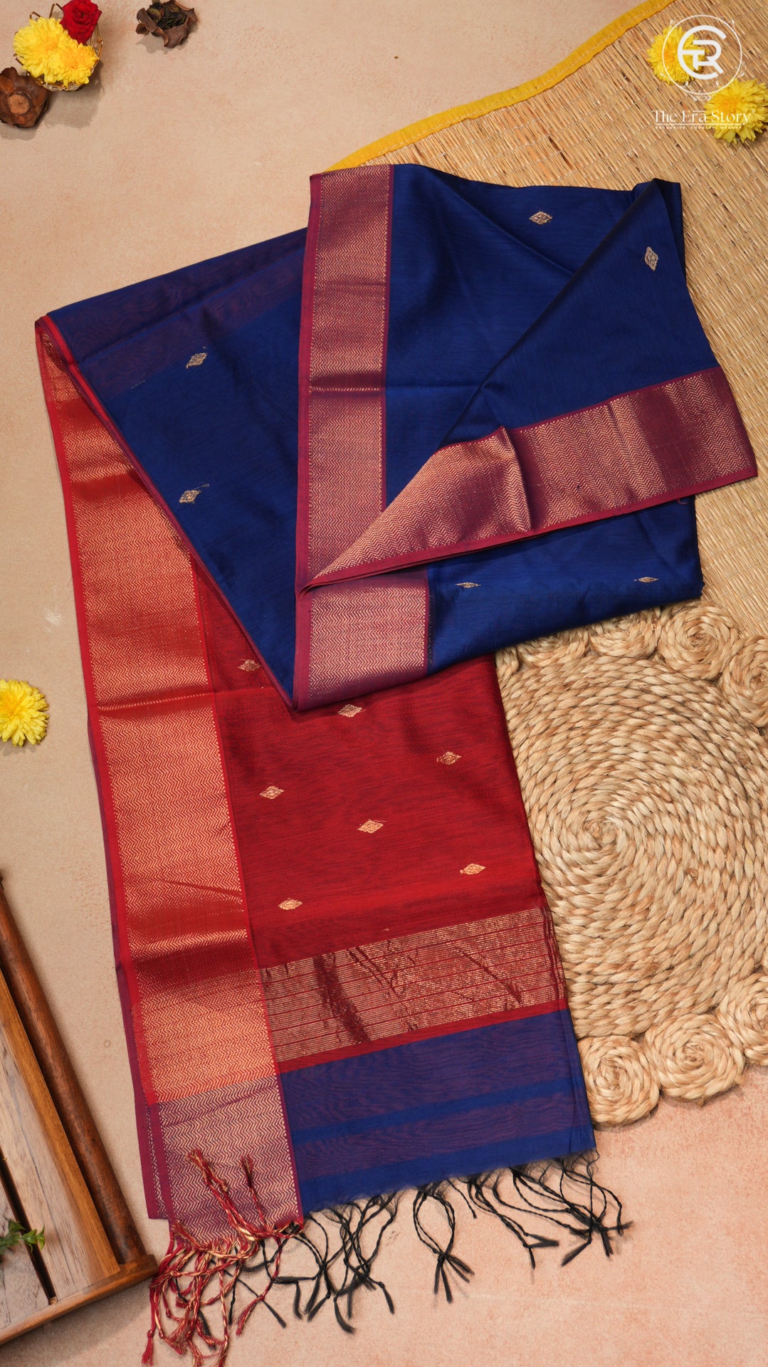 Navy Blue and Red Diamond Butta Handloom Pure Maheshwari Silk Saree
