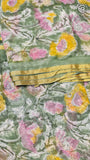 Sage Green and Yellow Floral Handblocked Pure Double Chiffon Sarees