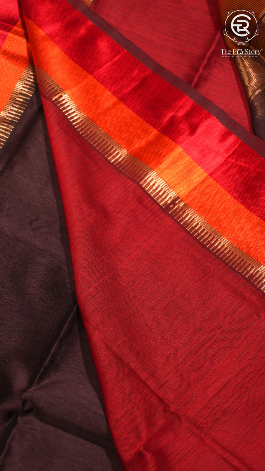 Espresso Brown with Red–Orange Handloom Pure Maheshwari Silk Saree