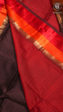 Espresso Brown with Red–Orange Handloom Pure Maheshwari Silk Saree