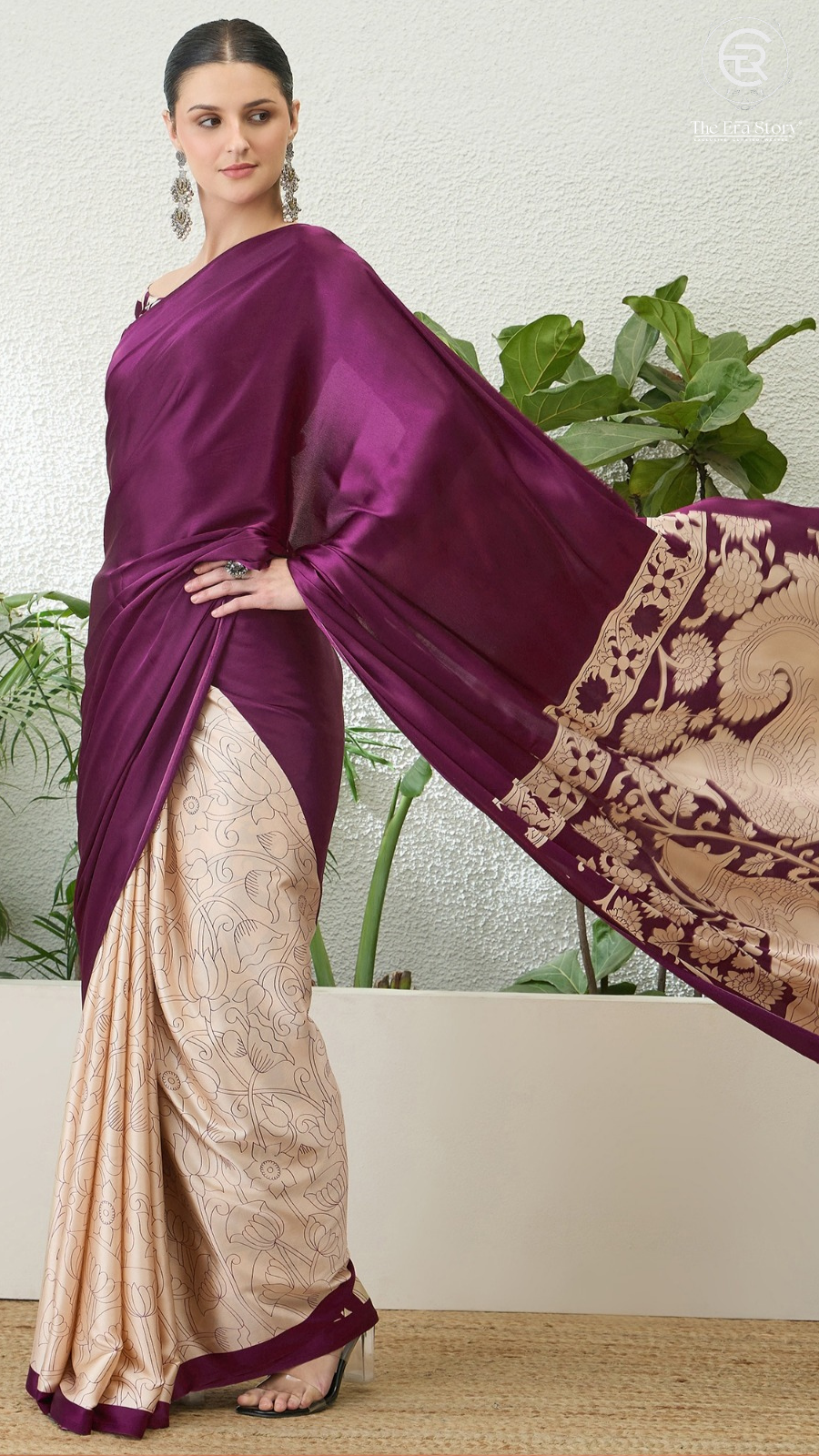 Purple Beige Pichwai Kalamkari Satin Crepe Saree