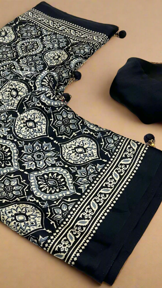 Black Floral Ajrakh Modal Satin Silk Saree ERA09