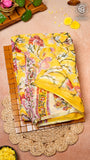 Yellow and Red Floral Handblocked Pure Double Chiffon Sarees