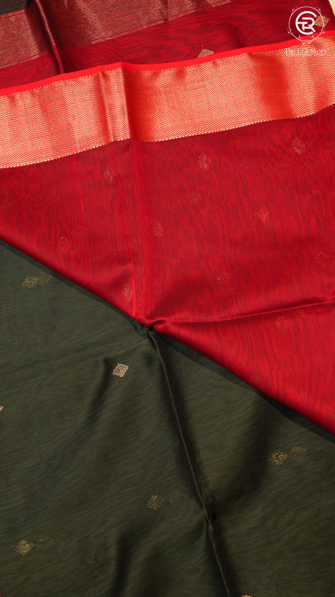 Blackish Green and Red Diamond Butta Handloom Pure Maheshwari Silk Saree