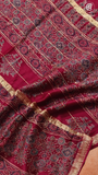 Maroon Lotus Floral Handblocked Pure Maheshwari Cotton Sarees