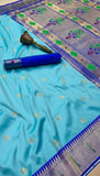 Aqua Blue Single Muniya Floral Paithani Soft Silk Sarees