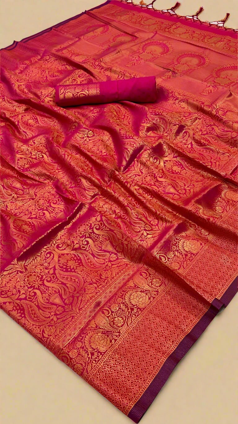 Pink and Gold Handloom Zari Weaving Banarasi Silk Saree