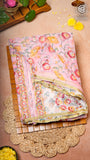 Baby Pink and Red Yellow Floral Handblocked Pure Double Chiffon Sarees