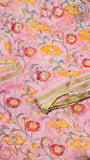 Baby Pink and Red Yellow Floral Handblocked Pure Double Chiffon Sarees
