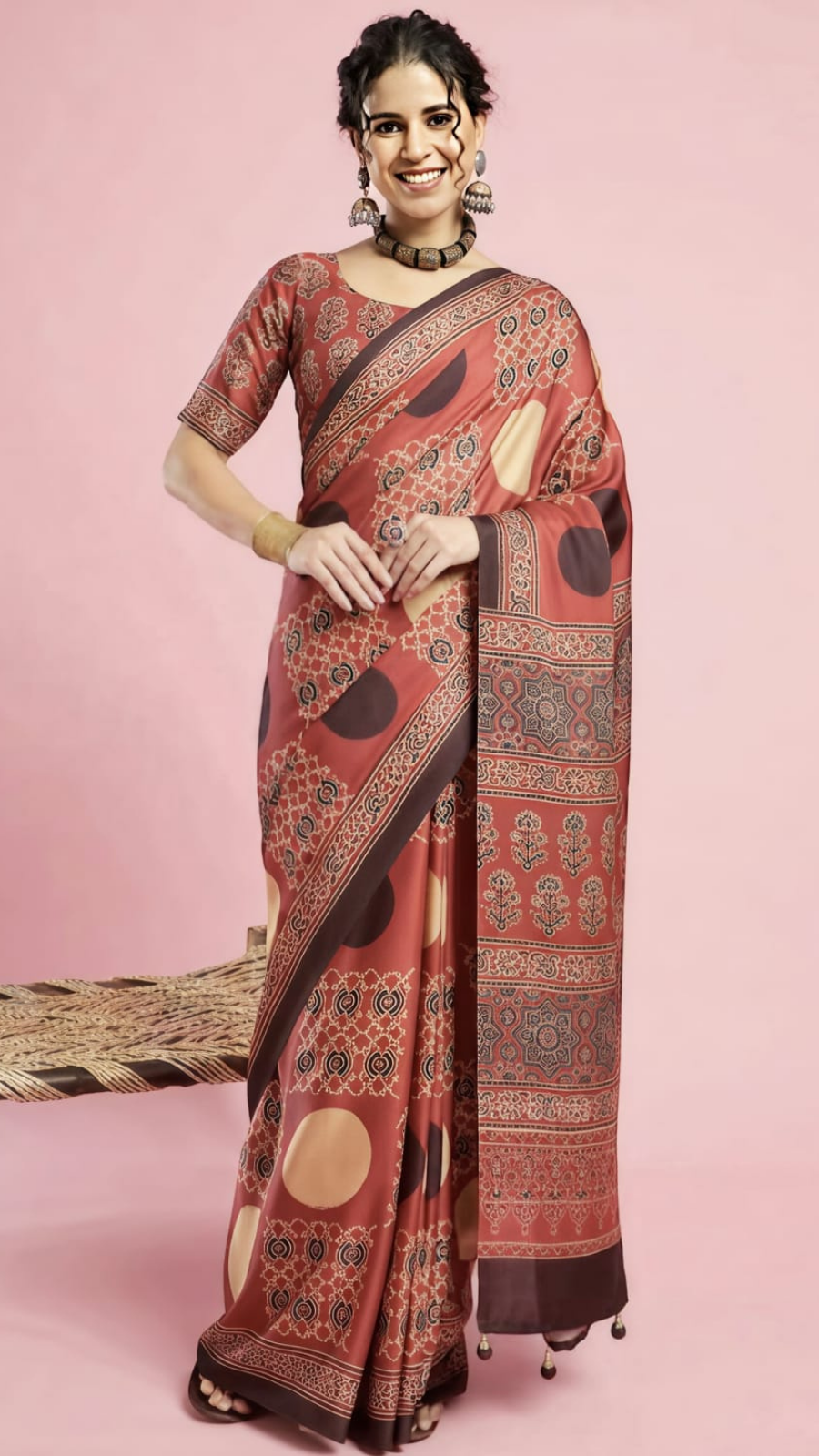 Brown Polka Dot Printed Tussar Silk Saree