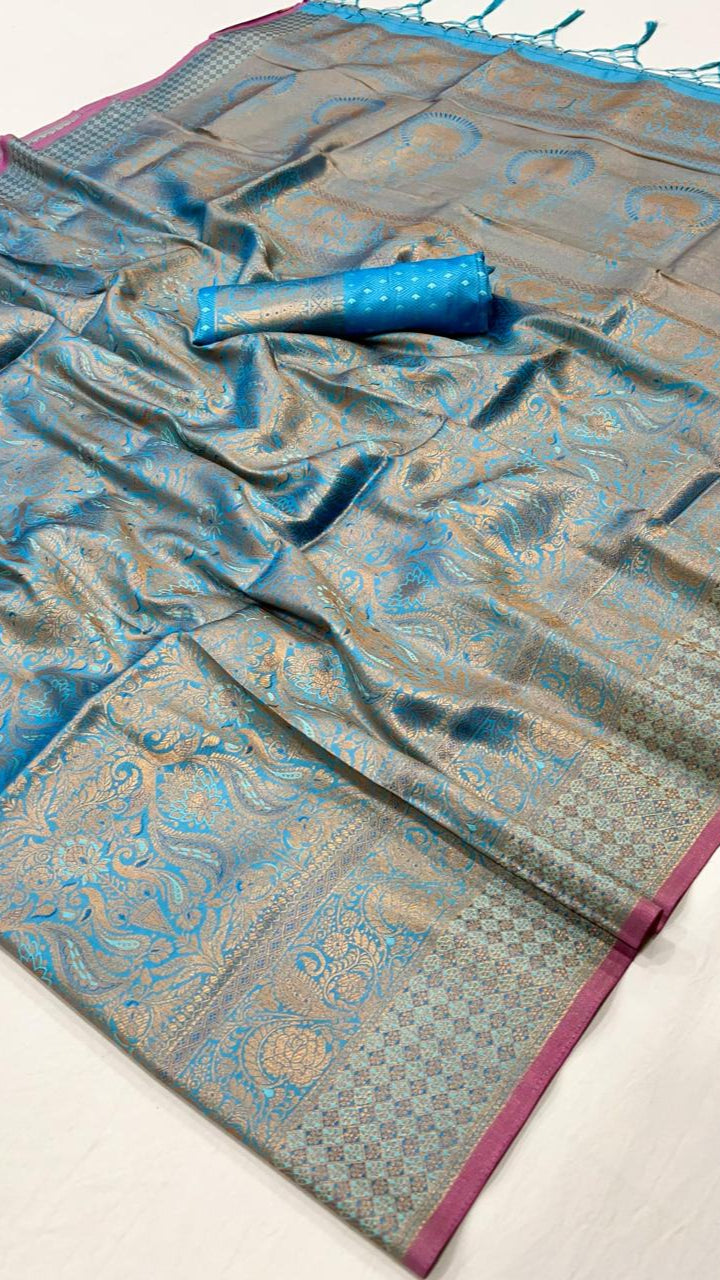 Blue and Gold Handloom Zari Weaving Banarasi Silk Saree