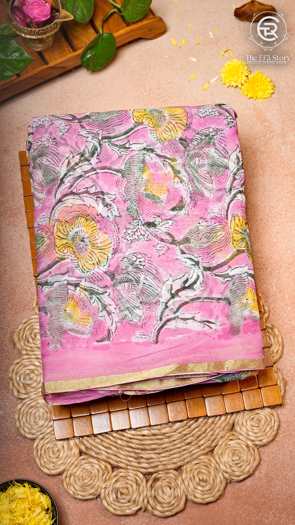 Lavender Pink and Yellow Floral Handblocked Pure Double Chiffon Sarees