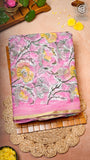 Lavender Pink and Yellow Floral Handblocked Pure Double Chiffon Sarees