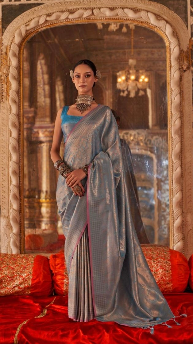 Blue and Gold Handloom Zari Weaving Banarasi Silk Saree