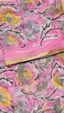 Lavender Pink and Yellow Floral Handblocked Pure Double Chiffon Sarees
