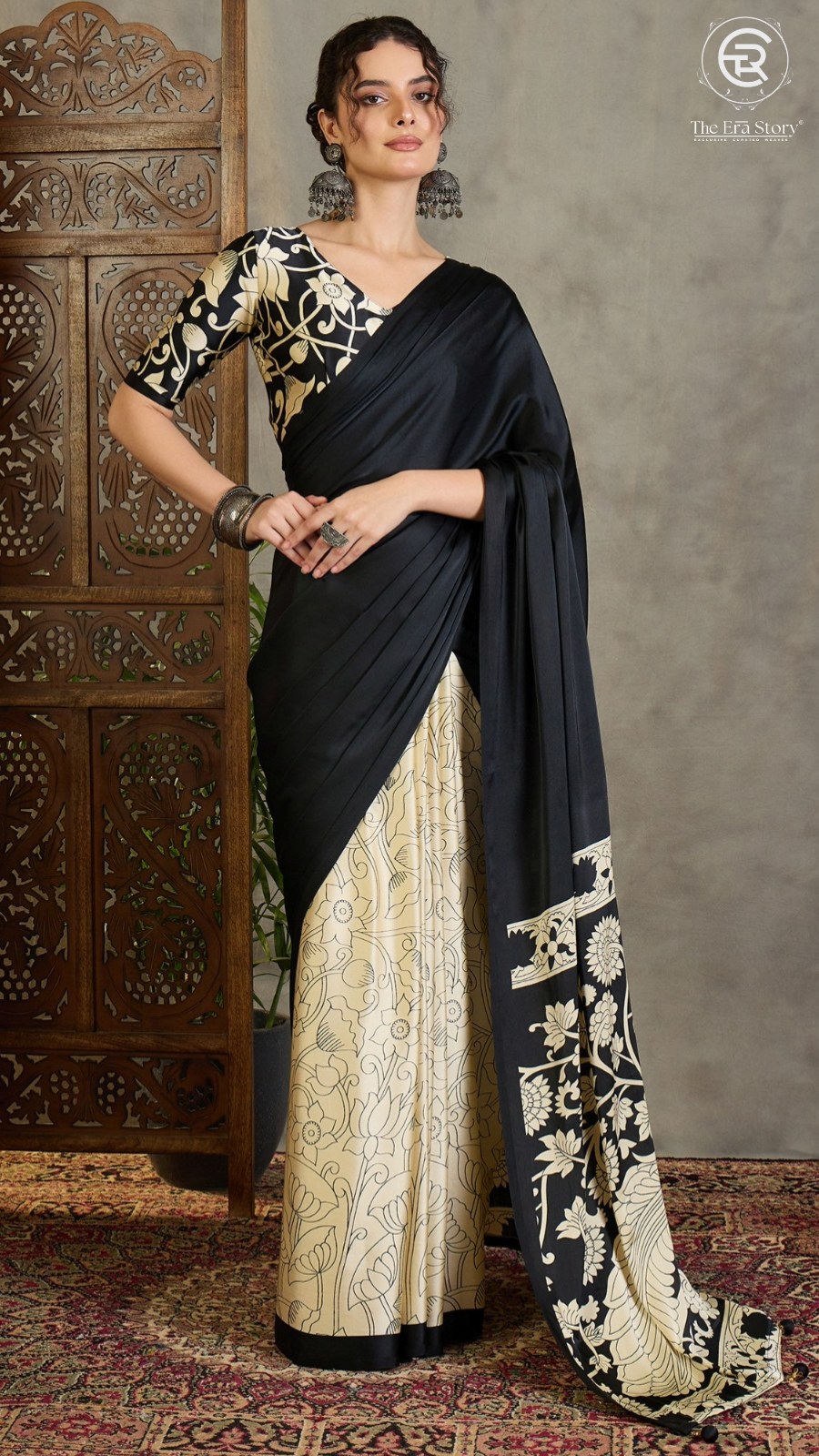 Black Beige Pichwai Kalamkari Satin Crepe Saree