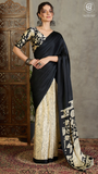 Black Beige Pichwai Kalamkari Satin Crepe Saree