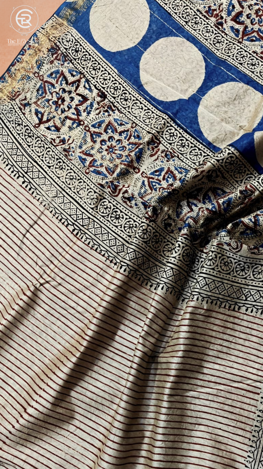 White Black & Blue Line Patterned Handblocked Pure Maheshwari Cotton Sarees