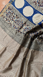 White Black & Blue Line Patterned Handblocked Pure Maheshwari Cotton Sarees