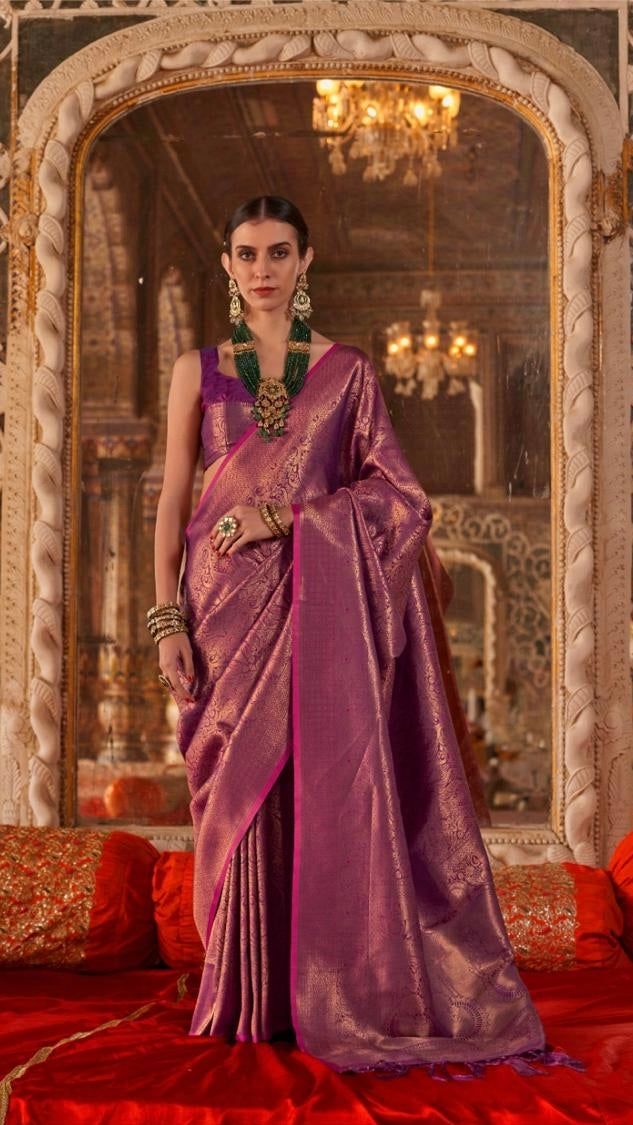 Purple and Gold Handloom Zari Weaving Banarasi Silk Saree