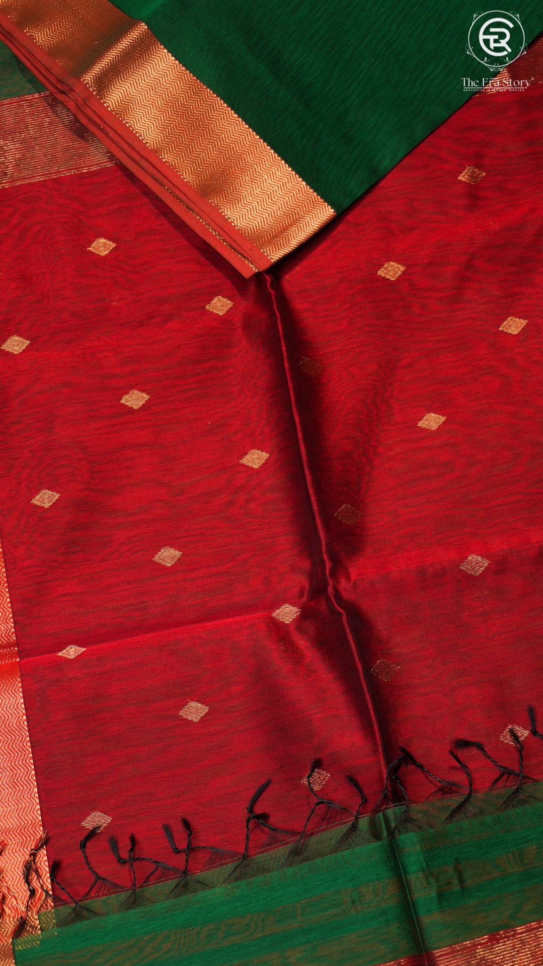 Emerald Green & Red Diamond Butta Handloom Pure Maheshwari Silk Saree