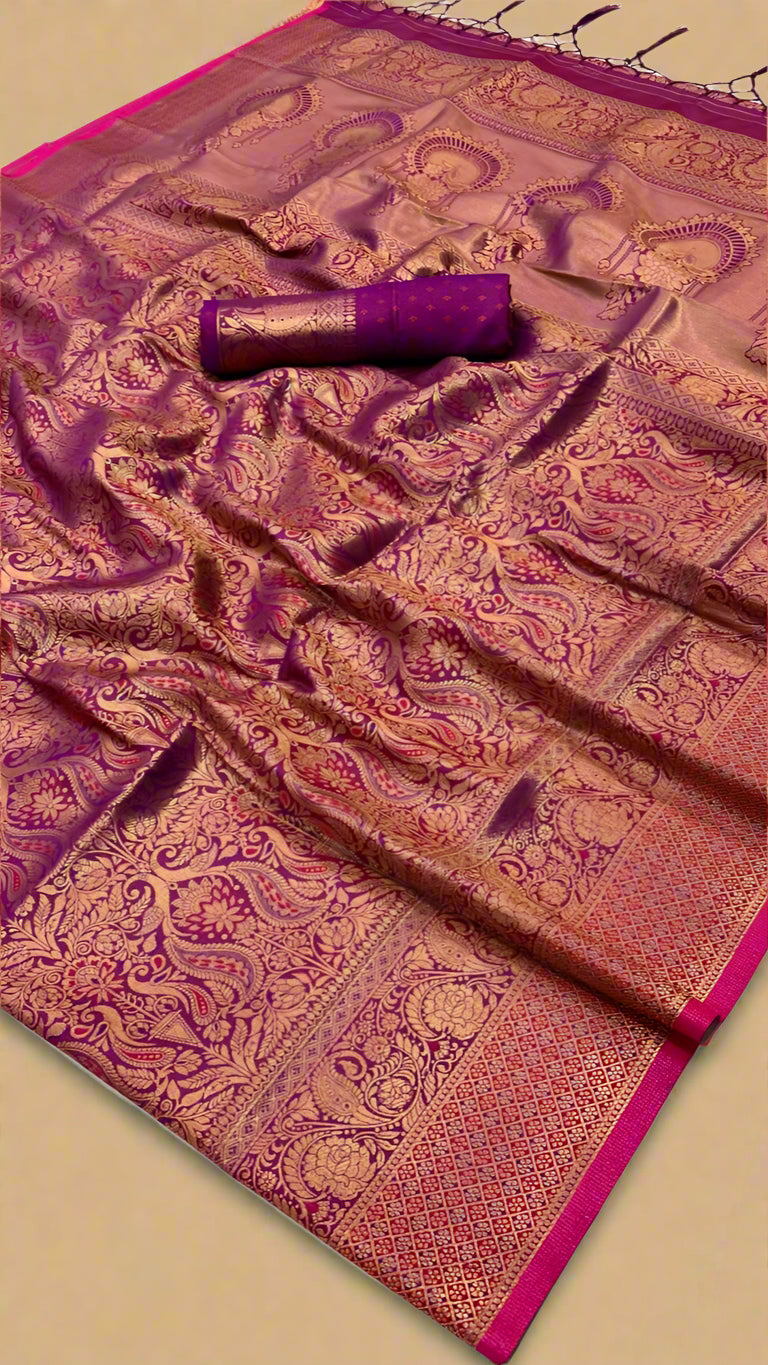 Purple and Gold Handloom Zari Weaving Banarasi Silk Saree