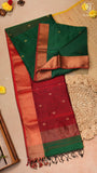 Emerald Green & Red Diamond Butta Handloom Pure Maheshwari Silk Saree