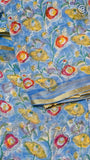 Blue, Red & Yellow Floral Handblocked Pure Double Chiffon Sarees