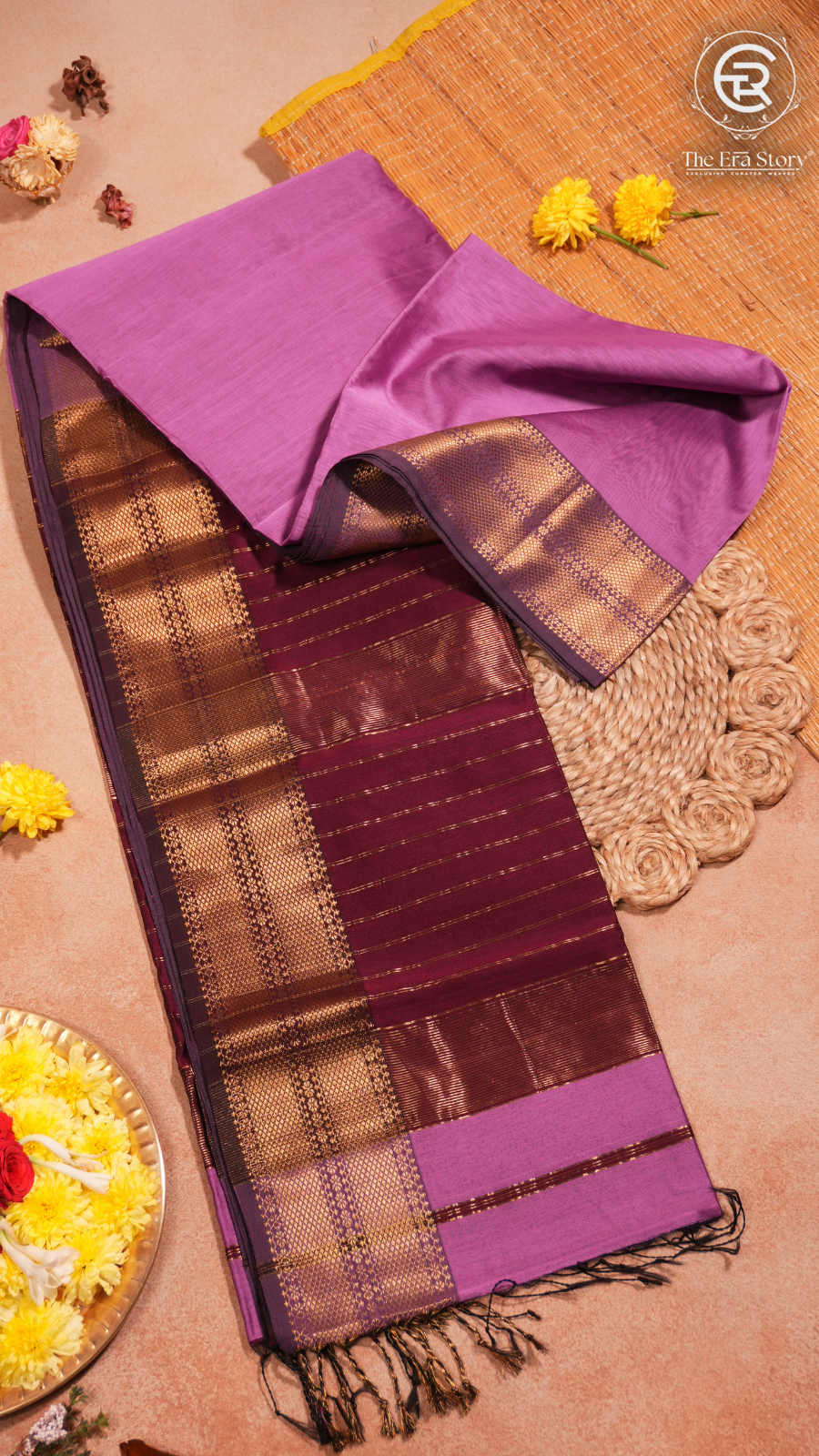 Lavender and Maroon Handloom Zari Pure Maheshwari Silk Saree