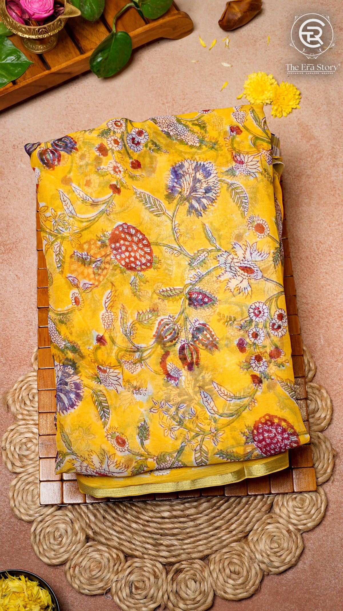 Yellow & Red Floral Handblocked Pure Double Chiffon Sarees