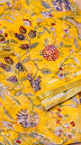 Yellow & Red Floral Handblocked Pure Double Chiffon Sarees