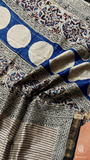 White Black & Blue Line Patterned Handblocked Pure Maheshwari Cotton Sarees