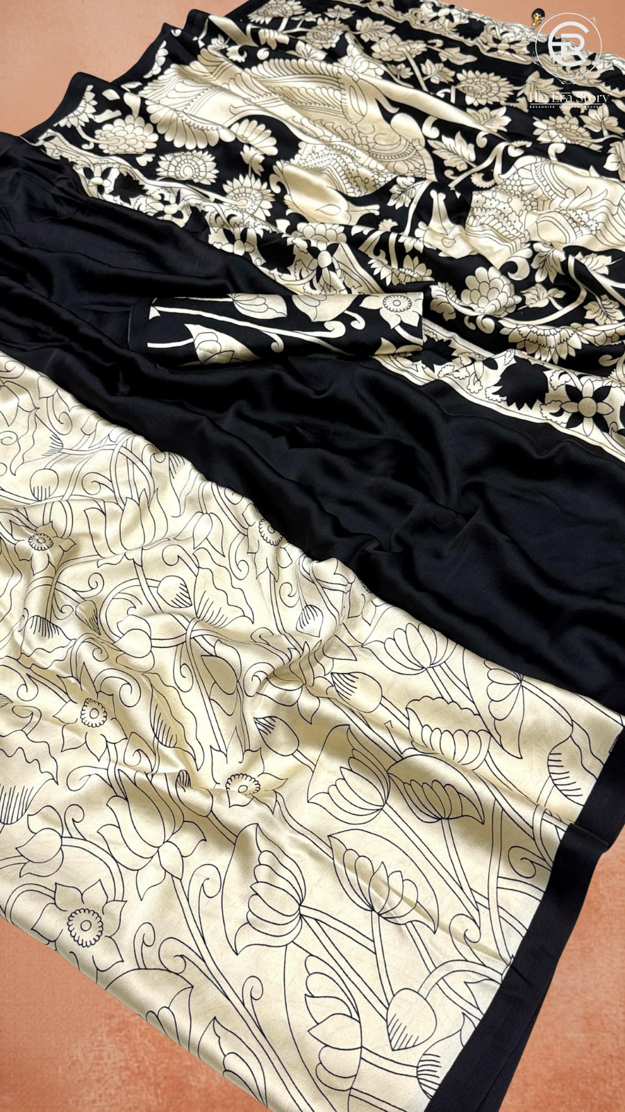 Black Beige Pichwai Kalamkari Satin Crepe Saree