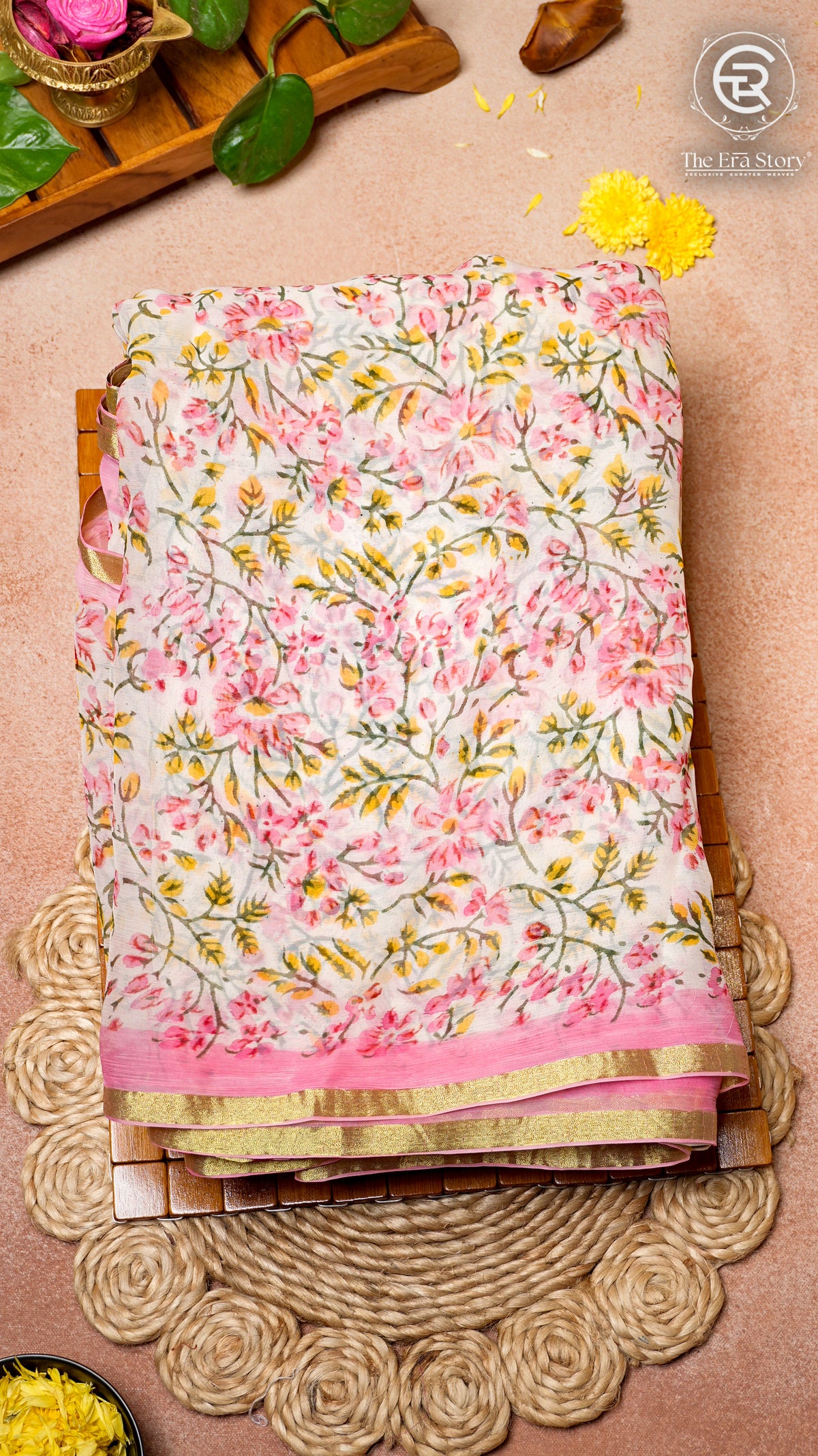White and Pink Floral Handblocked Pure Double Chiffon Sarees