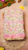 White and Pink Floral Handblocked Pure Double Chiffon Sarees