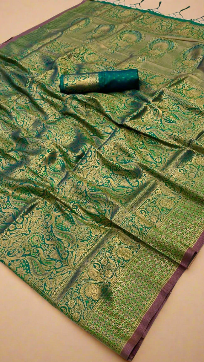 Green and Gold Handloom Zari Weaving Banarasi Silk Saree