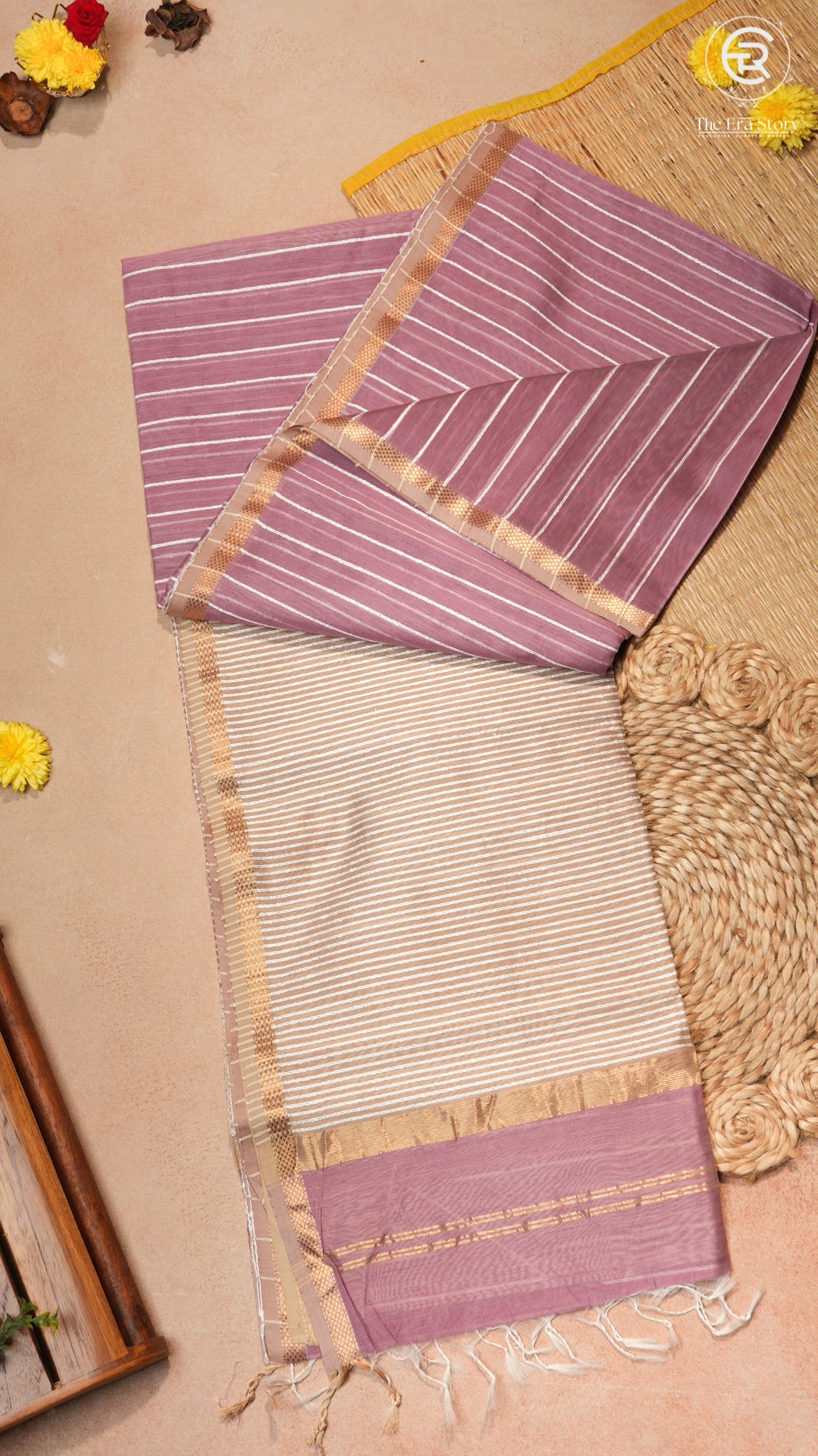 Mauve & Beige Handloom Pure Maheshwari Silk Saree
