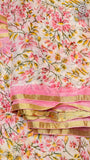 White and Pink Floral Handblocked Pure Double Chiffon Sarees