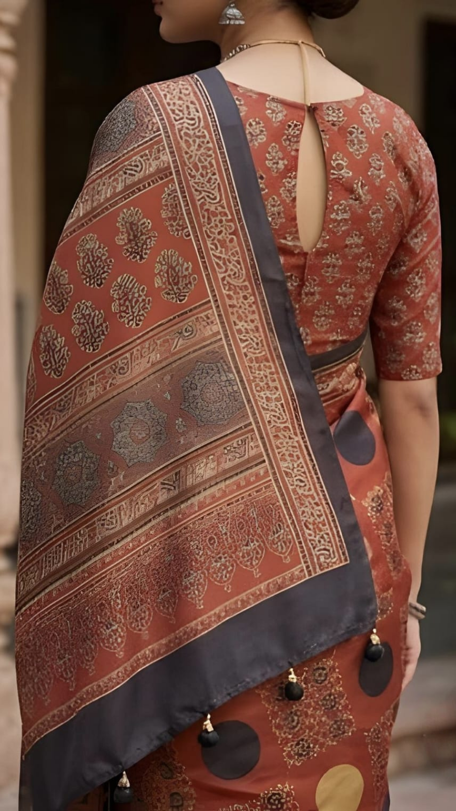 Brown Polka Dot Printed Tussar Silk Saree