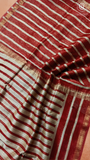 White & Red Line Patterned Handblocked Pure Maheshwari Cotton Sarees
