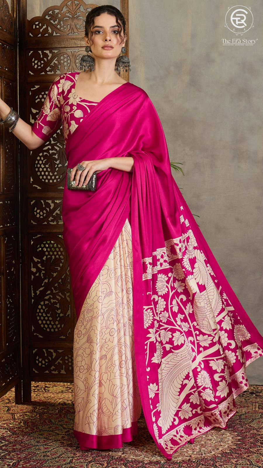 Pink Beige Pichwai Kalamkari Satin Crepe Saree