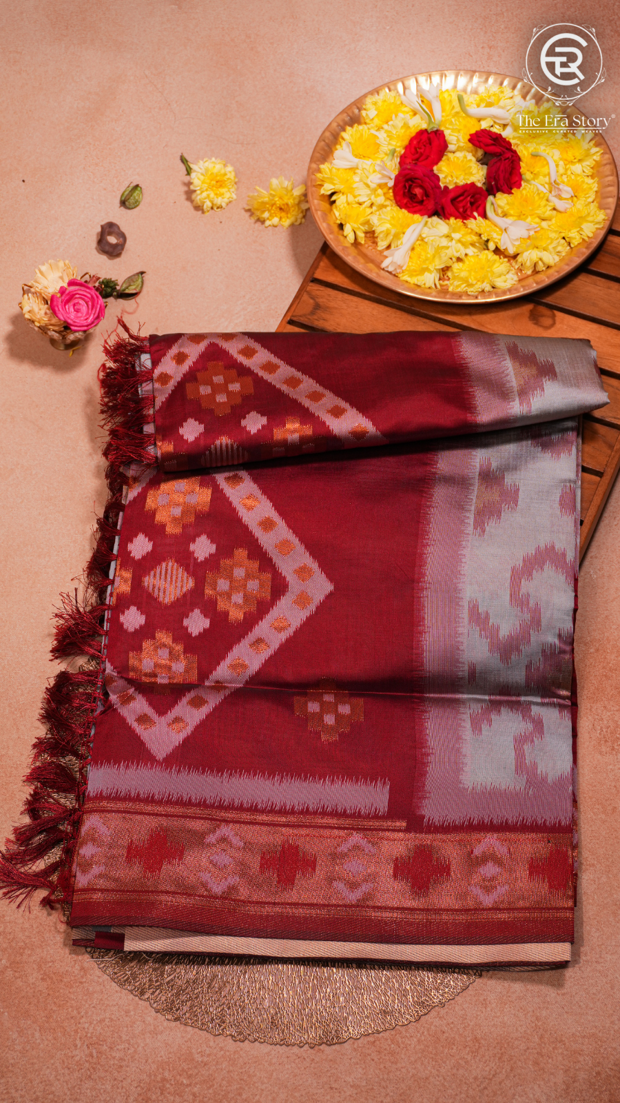 Grey and Maroon Pochampally Ikat Soft Silk Saree
