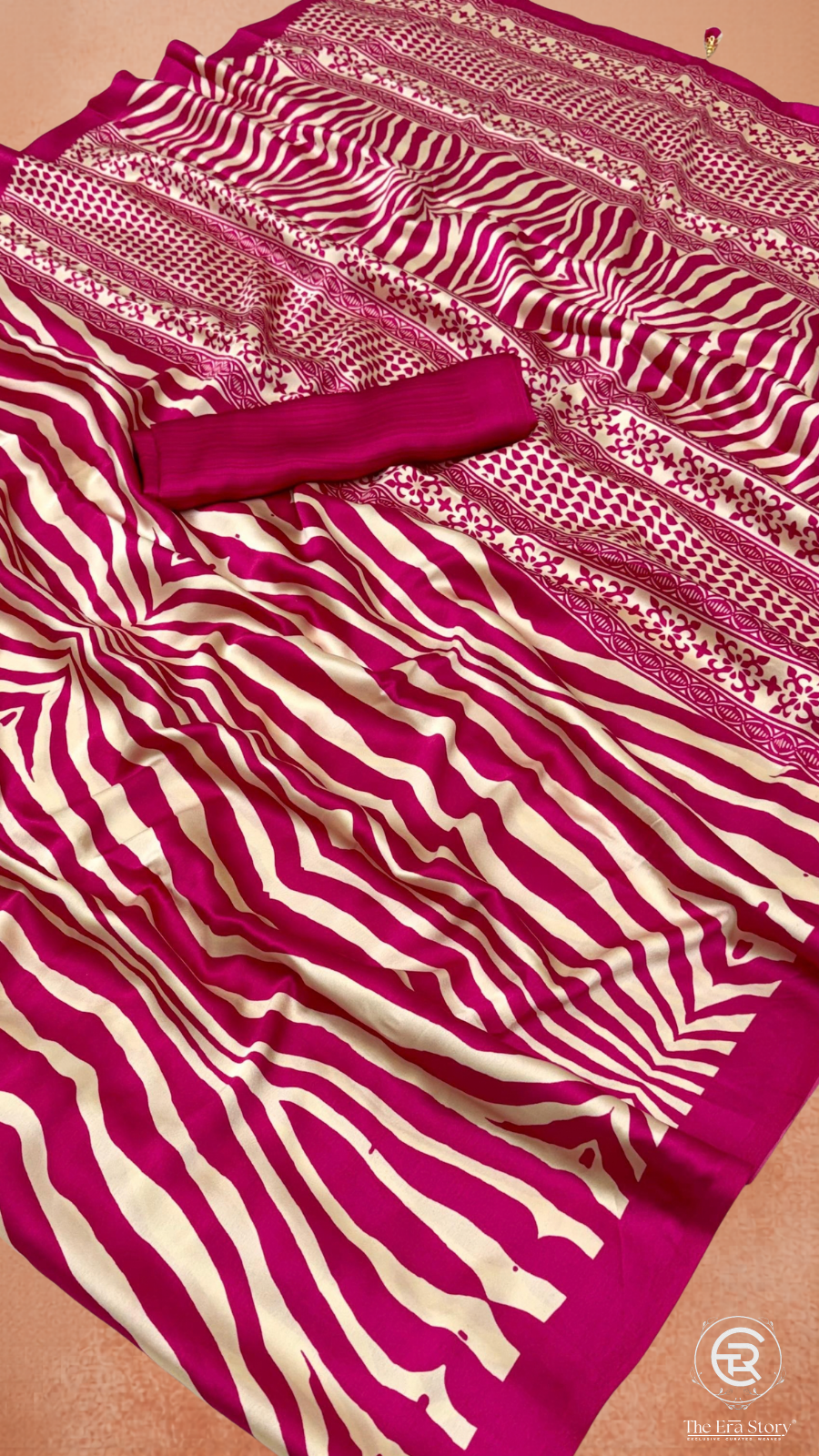 Pink & Beige Zebra Pattern Satin Modal Silk Saree